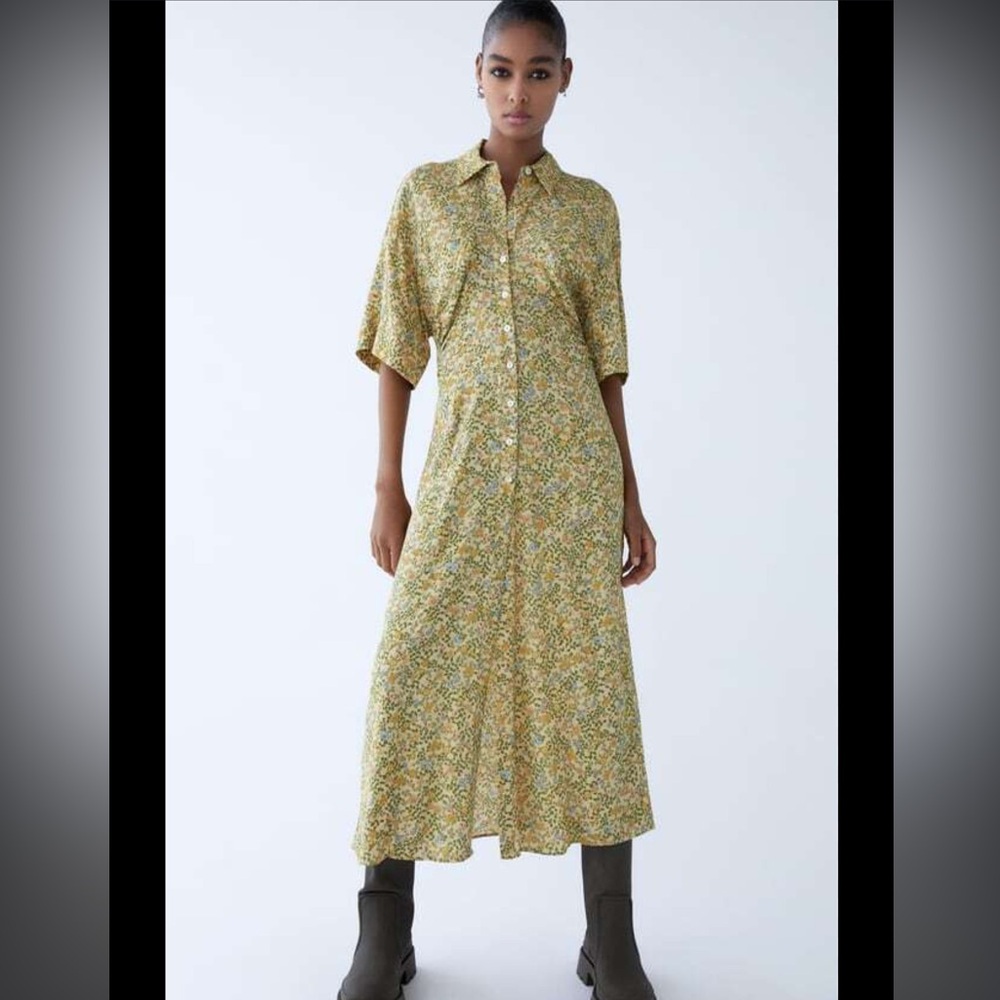 Zara Women’s Small Yellow Micro Floral Maxi Button Down Dress Short Sleeve